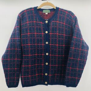 Vintage Equorian Heritage Mohair Blend Cardigan Sweater Navy Plaid Size M 14/16